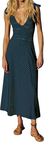 Women Casual Summer Striped Dresses Smocked V Neck Bow Beach Dress Sleeveless Sundress Beach Long Flowy Dress in Saudi Arabia