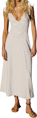 Women Casual Summer Striped Dresses Smocked V Neck Bow Beach Dress Sleeveless Sundress Beach Long Flowy Dress in Saudi Arabia