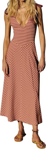Women Casual Summer Striped Dresses Smocked V Neck Bow Beach Dress Sleeveless Sundress Beach Long Flowy Dress in Saudi Arabia