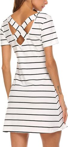 Feager Women's Casual Striped Criss Cross Short Sleeve T Shirt Dress with Pockets in Saudi Arabia