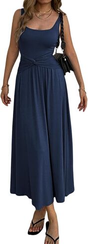 Women's Summer Mock Knot Front Maxi Dress Sleeveless Square Neck Corset Ruched Waist Emipre Flowly Casual Dresses in Kuwait
