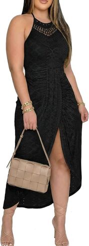 فستان Max2co للسيدات بمقاس كبير فستان هالتر بدون أكمام ومطرز بالعين فساتين ماكسي مفرغة وربطة عنق للصيف والشاطئ فستان طويل للشمس in Kuwait