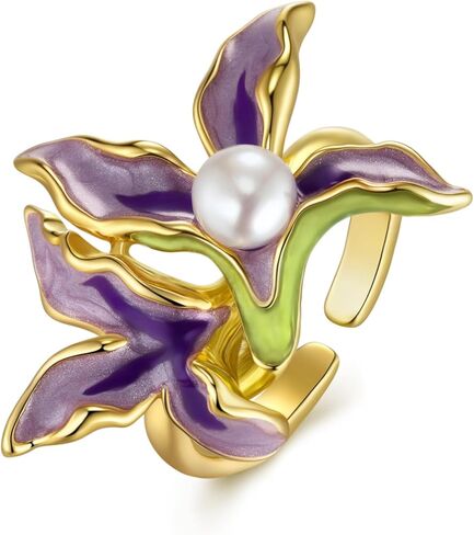Gold Purple Enamel Floral Pearl Adjustable Statement Open Ring for Women, Violet Orchid Flower Leaf Summer Beach Handmade Unique Band, Chunky Stackable Cute Cuff Cocktail Ring Birthday Gift, Natural Bold Exaggerated Irregular Trendy Jewelry, Fashion Acces in Kuwait