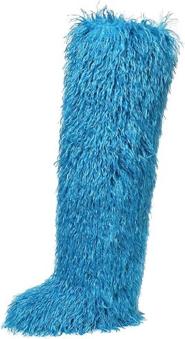 Women's fur knee-high boots, Y2K over-the-knee fur boots, fluffy flat fur boots, height 28in in Kuwait