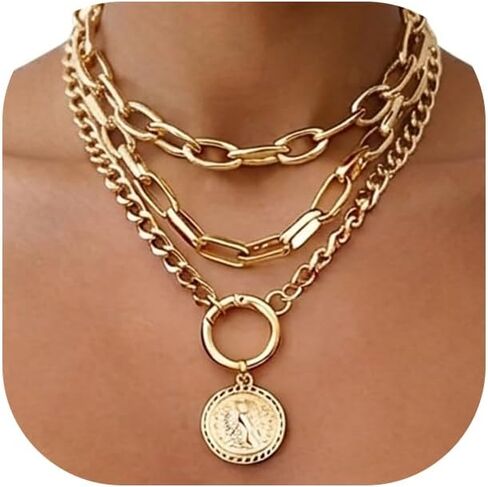 iF YOU Vintage Gold Layered Necklaces for Women Trendy, Chunky Cuban Link Paperclip Chains Necklace Stack, Coin Pendant Necklace Set Jewelry Gifts in Kuwait