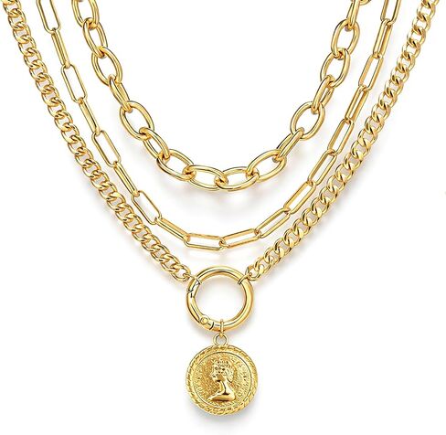 iF YOU Vintage Gold Layered Necklaces for Women Trendy, Chunky Cuban Link Paperclip Chains Necklace Stack, Coin Pendant Necklace Set Jewelry Gifts in Kuwait