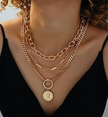 iF YOU Vintage Gold Layered Necklaces for Women Trendy, Chunky Cuban Link Paperclip Chains Necklace Stack, Coin Pendant Necklace Set Jewelry Gifts in Kuwait