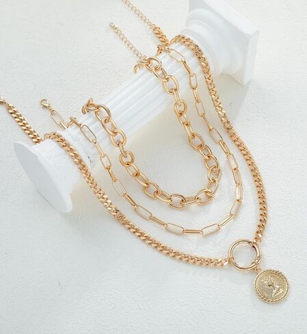 iF YOU Vintage Gold Layered Necklaces for Women Trendy, Chunky Cuban Link Paperclip Chains Necklace Stack, Coin Pendant Necklace Set Jewelry Gifts in Kuwait