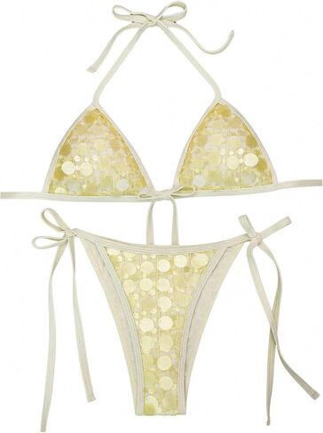 SHENHE Women's 2 Piece String Bikini Set Sparkly Sequin Halter Triangle Tie Side Swimsuits in Saudi Arabia