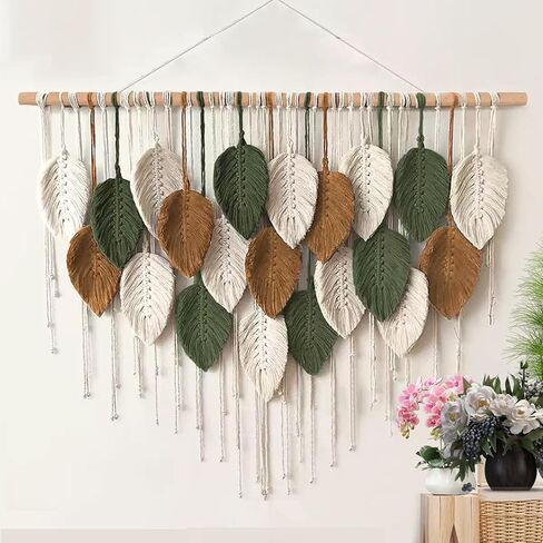 LXSMPWY حرفي Boho Macramé للتعليق على الحائط مع هامش من أوراق الشجر - نسيج من الكتان القطني المنسوج يدويًا، ديكور عصا خشبية صديق للمستأجر لغرفة المعيشة وغرفة النوم والمكتب (39 بوصة طول × 31.5 بوصة ارتفاع، رمادي) in Saudi Arabia