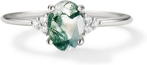 PERIMADE 925 Sterling Silver Natural Moss Agate Stacking Ring 18K Gold Plated Cubic Zirconia Solitaire Oval Cut Crystal Engagement Wedding Promise Stackable Ring for Women Hypoallergenic Jewelry Gift in Kuwait
