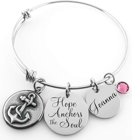 سوار Hope Anchors the Soul - سوار مرساة شخصي مع قرص الاسم وحجر الميلاد - سوار قابل للتوسيع من الفولاذ المقاوم للصدأ مخصص - هدية ملهمة للنساء، مجوهرات إيمانية، هدية عيد الأم in Kuwait