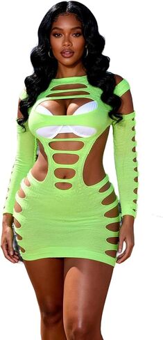 ohyeah Plus Size Fishnet Lingerie Dress for Women Hollow Bodystocking Lingerie Long Sleeve Mini Bodycon Dress Sexy Outfits in Kuwait