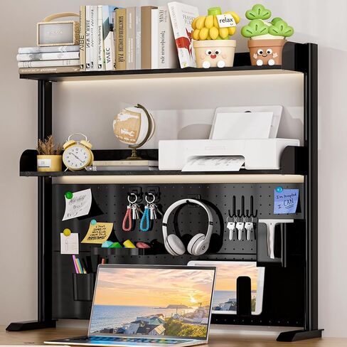 Adjustable Desktop Hutch Bookshelf, Desk Shelf Organizer with Pegboard and Thickened Metal Frame, 2 Tier Display Rack, Countertop Storage, Wood Bookcase for Home, Dorm or Office, Black, 38.9" W in Kuwait