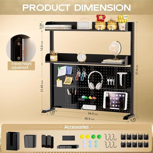 Adjustable Desktop Hutch Bookshelf, Desk Shelf Organizer with Pegboard and Thickened Metal Frame, 2 Tier Display Rack, Countertop Storage, Wood Bookcase for Home, Dorm or Office, Black, 38.9" W in Kuwait