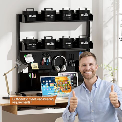 Adjustable Desktop Hutch Bookshelf, Desk Shelf Organizer with Pegboard and Thickened Metal Frame, 2 Tier Display Rack, Countertop Storage, Wood Bookcase for Home, Dorm or Office, Black, 38.9" W in Kuwait