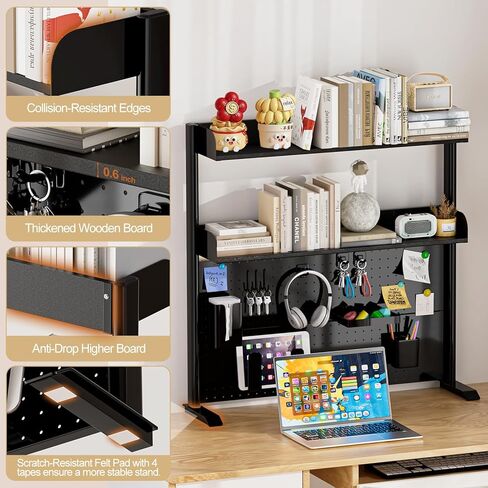 Adjustable Desktop Hutch Bookshelf, Desk Shelf Organizer with Pegboard and Thickened Metal Frame, 2 Tier Display Rack, Countertop Storage, Wood Bookcase for Home, Dorm or Office, Black, 38.9" W in Kuwait