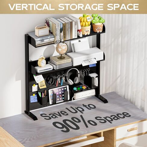 Adjustable Desktop Hutch Bookshelf, Desk Shelf Organizer with Pegboard and Thickened Metal Frame, 2 Tier Display Rack, Countertop Storage, Wood Bookcase for Home, Dorm or Office, Black, 38.9" W in Kuwait