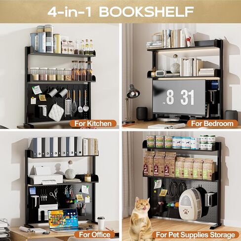Adjustable Desktop Hutch Bookshelf, Desk Shelf Organizer with Pegboard and Thickened Metal Frame, 2 Tier Display Rack, Countertop Storage, Wood Bookcase for Home, Dorm or Office, Black, 38.9" W in Kuwait