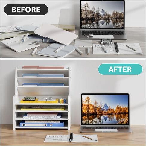 7 Tier White Desk Organizer for Office Organization, Wood Paper Organizer for Desk, Vertical Desktop File Folder Holder & Letter Tray, Aesthetic School Storage Orgnizer Shlef in Saudi Arabia