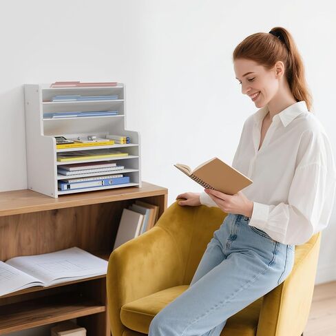 7 Tier White Desk Organizer for Office Organization, Wood Paper Organizer for Desk, Vertical Desktop File Folder Holder & Letter Tray, Aesthetic School Storage Orgnizer Shlef in Saudi Arabia
