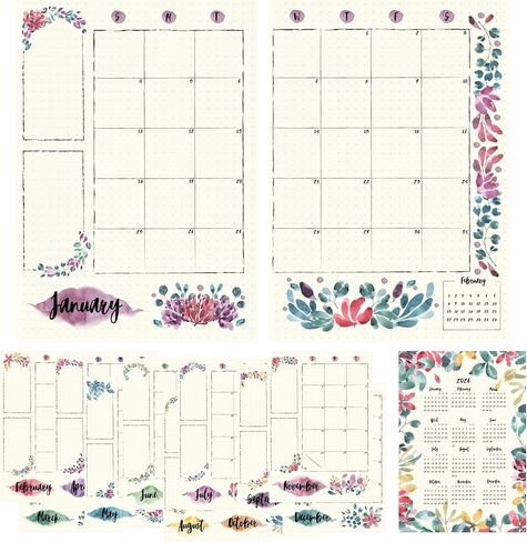 2024 Monthly Calendar Planner Stickers Compatible with A5 Bullet Dot Grid Journals (5.3 x 7.7") - 12-Months of Cute Floral Illustrations, Flower Journal Supplies, DIY Templates, Agenda Layouts in Kuwait