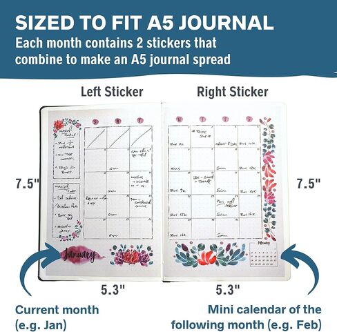 2024 Monthly Calendar Planner Stickers Compatible with A5 Bullet Dot Grid Journals (5.3 x 7.7") - 12-Months of Cute Floral Illustrations, Flower Journal Supplies, DIY Templates, Agenda Layouts in Kuwait