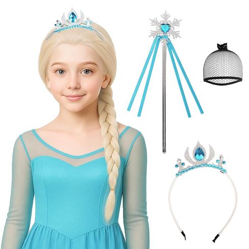 Probeauty Long Blonde Braided Wig for Girls Princess Cosplay, Kids Costume Wig with Magic Wand Crown for Halloween Christmas Birthday Party in Kuwait