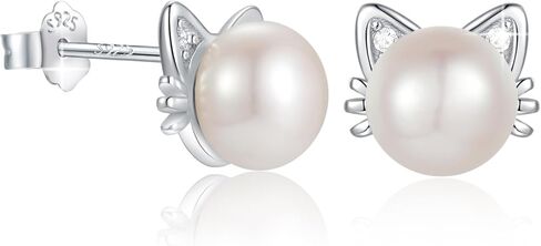 925 Sterling Silver Freshwater Pearl Cat Stud Earrings for Women, 14k Gold Plated Cat CZ Studs Hypoallergenic Jewelry Gift in Kuwait