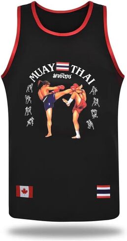 Muay Thai Tank Top for Training & Gym Comet Cotton Sleeveless Workout Shirt Black with Red Trim in Kuwait