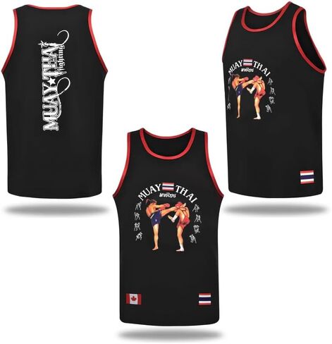 Muay Thai Tank Top for Training & Gym Comet Cotton Sleeveless Workout Shirt Black with Red Trim in Kuwait