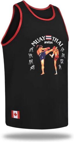 Muay Thai Tank Top for Training & Gym Comet Cotton Sleeveless Workout Shirt Black with Red Trim in Kuwait