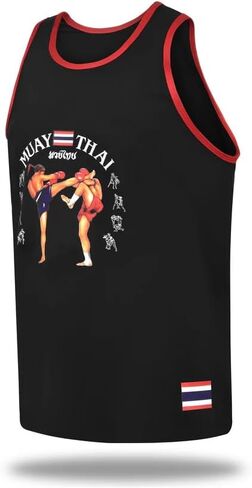 Muay Thai Tank Top for Training & Gym Comet Cotton Sleeveless Workout Shirt Black with Red Trim in Kuwait