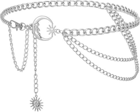 طبقة معدنية حزام سلسلة القمر الشمس حزام البطن سلسلة الجسم أحزمة ربط الموضة فستان نحيف سلسلة الخصر للنساء (فضي) in Kuwait