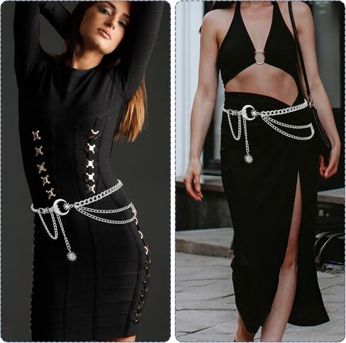 طبقة معدنية حزام سلسلة القمر الشمس حزام البطن سلسلة الجسم أحزمة ربط الموضة فستان نحيف سلسلة الخصر للنساء (فضي) in Kuwait