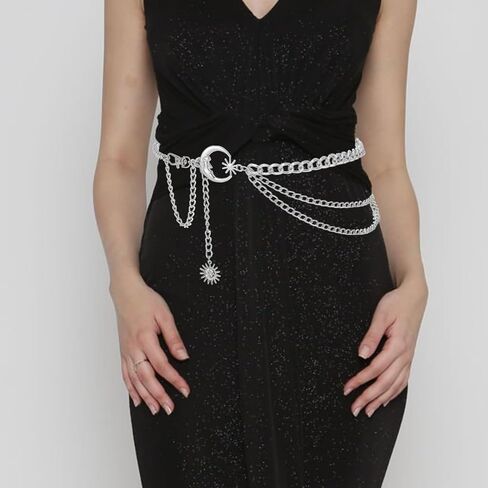 طبقة معدنية حزام سلسلة القمر الشمس حزام البطن سلسلة الجسم أحزمة ربط الموضة فستان نحيف سلسلة الخصر للنساء (فضي) in Kuwait