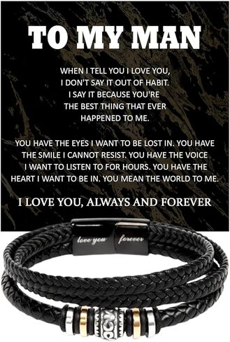 To My Man Bracelet, Romantic Gift for Husband, Boyfriend Sentimental Leather Bracelet for Him with Love You Forever Message Card, Gift Ideas from Wife Girlfriend for Valentine’s Day in Kuwait