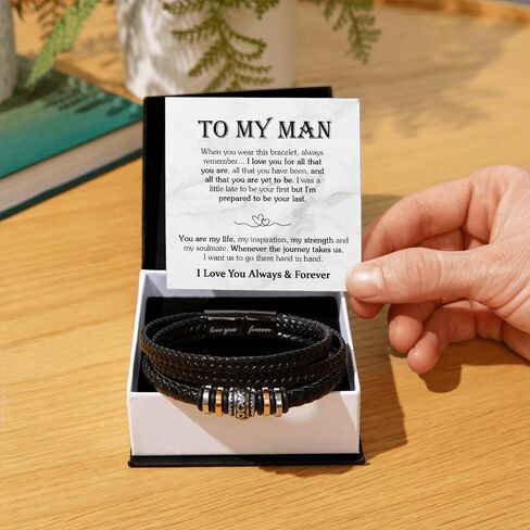 To My Man Bracelet, Romantic Gift for Husband, Boyfriend Sentimental Leather Bracelet for Him with Love You Forever Message Card, Gift Ideas from Wife Girlfriend for Valentine’s Day in Saudi Arabia