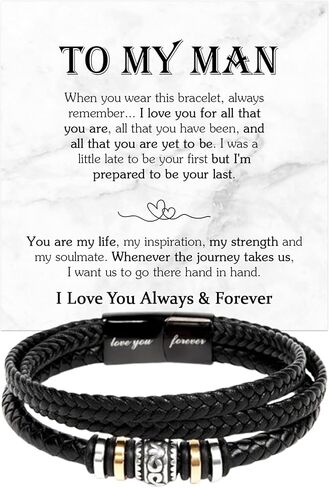 To My Man Bracelet, Romantic Gift for Husband, Boyfriend Sentimental Leather Bracelet for Him with Love You Forever Message Card, Gift Ideas from Wife Girlfriend for Valentine’s Day in Saudi Arabia