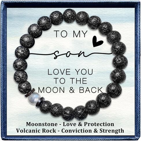 هدية للابن من الأم والأب - سوار من الحجر الطبيعي للأولاد المراهقين، سوار ابن ذو مغزى مع صخرة الحمم البركانية من حجر القمر، هدية عيد ميلاد التخرج وعيد الفصح للأولاد المراهقين والرجال in Kuwait