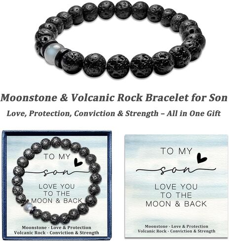 هدية للابن من الأم والأب - سوار من الحجر الطبيعي للأولاد المراهقين، سوار ابن ذو مغزى مع صخرة الحمم البركانية من حجر القمر، هدية عيد ميلاد التخرج وعيد الفصح للأولاد المراهقين والرجال in Kuwait
