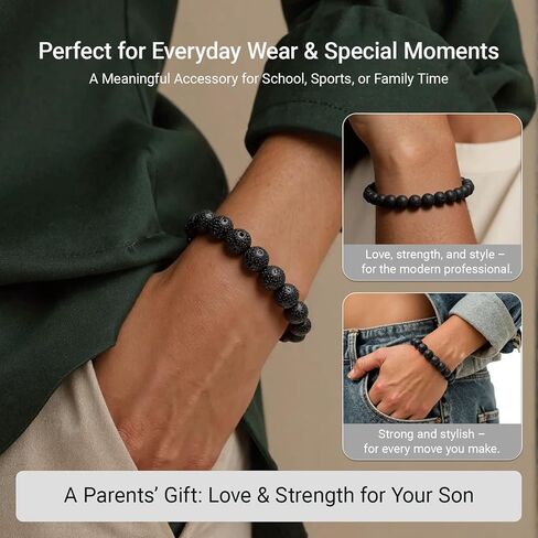 هدية للابن من الأم والأب - سوار من الحجر الطبيعي للأولاد المراهقين، سوار ابن ذو مغزى مع صخرة الحمم البركانية من حجر القمر، هدية عيد ميلاد التخرج وعيد الفصح للأولاد المراهقين والرجال in Kuwait