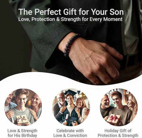 هدية للابن من الأم والأب - سوار من الحجر الطبيعي للأولاد المراهقين، سوار ابن ذو مغزى مع صخرة الحمم البركانية من حجر القمر، هدية عيد ميلاد التخرج وعيد الفصح للأولاد المراهقين والرجال in Kuwait