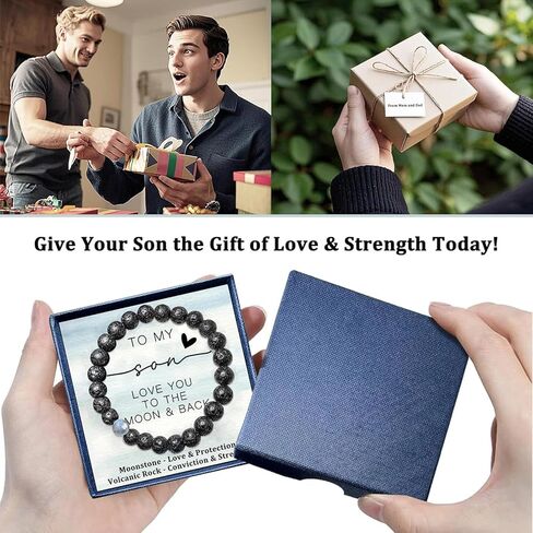 هدية للابن من الأم والأب - سوار من الحجر الطبيعي للأولاد المراهقين، سوار ابن ذو مغزى مع صخرة الحمم البركانية من حجر القمر، هدية عيد ميلاد التخرج وعيد الفصح للأولاد المراهقين والرجال in Kuwait