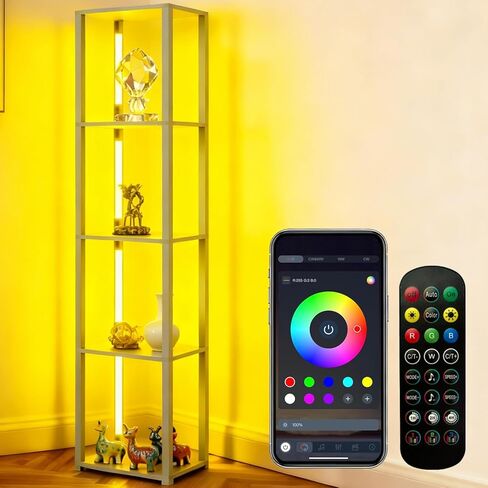 Floor Lamp with Shelves, Modern Shelf Lamp with Remote/APP Control, Standing Lamp for Living Room and Bedroom, 5-Tier Display Shelf with Dimmable Lights, Tall Lamp, Bookshelf, White/Natural in Kuwait