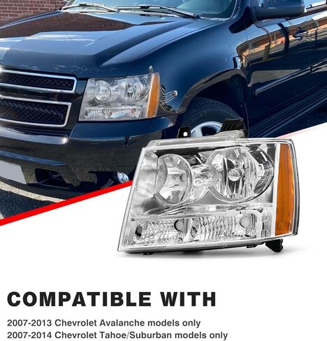 for Chevy 2007-2014 Suburban 1500/2007-2013 Suburban 2500 Headlights Compatible with 07-13 Avalanche / 07-14 Tahoe Headlamp Chrome Housing Amber Reflector Left+Right（W/O Bulbs） in Saudi Arabia