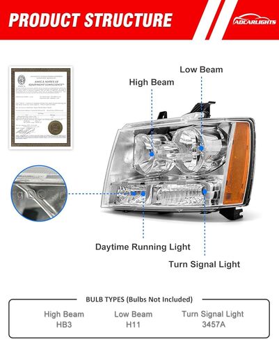for Chevy 2007-2014 Suburban 1500/2007-2013 Suburban 2500 Headlights Compatible with 07-13 Avalanche / 07-14 Tahoe Headlamp Chrome Housing Amber Reflector Left+Right（W/O Bulbs） in Saudi Arabia
