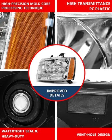 for Chevy 2007-2014 Suburban 1500/2007-2013 Suburban 2500 Headlights Compatible with 07-13 Avalanche / 07-14 Tahoe Headlamp Chrome Housing Amber Reflector Left+Right（W/O Bulbs） in Saudi Arabia