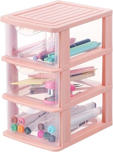 3 Drawer Cube Storage Organizer for Home Office, Plastic Makeup Organizer Storage Station Cube, 3 Drawer Desktop Organizer for Office Supplies, Makeup Supplies (Pink) in Kuwait