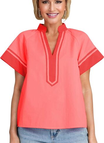 بلوزة نسائية صيفية من HangNiFang ذات ألوان متعددة ورقبة على شكل حرف V وأكمام قصيرة من القطن بوهو in Kuwait